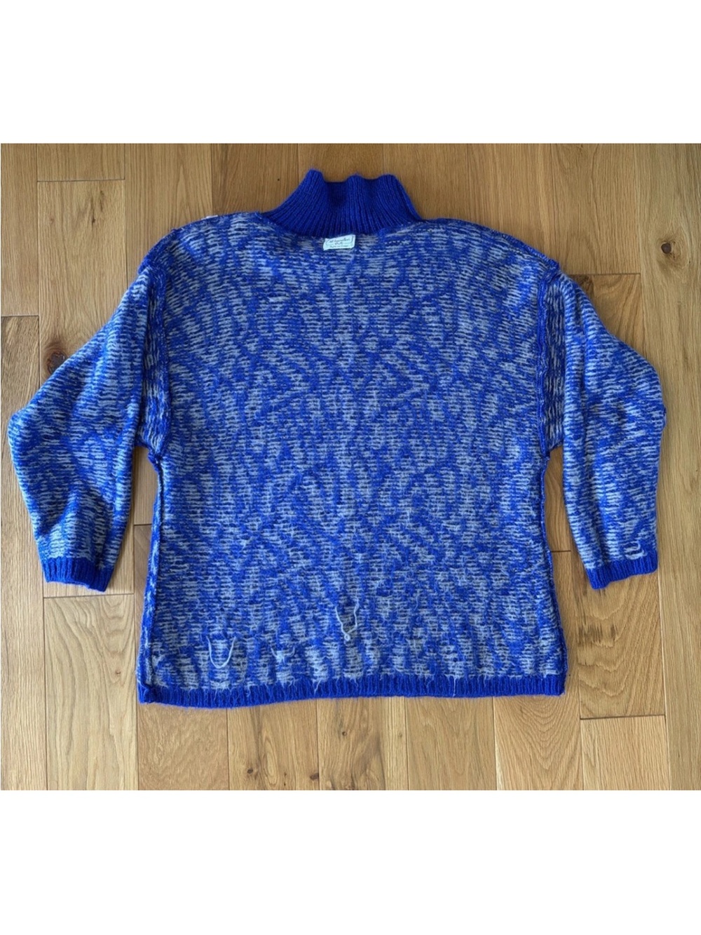 Benetton Blue & Gray Mohair Blend Mockneck Boxy Pullover Sweater Italy Size LG - Picture 10 of 12